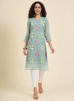 Georgette Sky Blue Festival Wear Lucknowi Chikankari Work Readymade Kurti